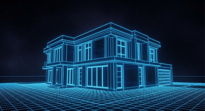 Futuristic glowing blueprint of a modern house on a digital landscape.