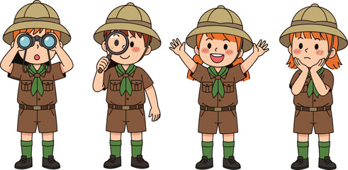 Set of cute boy and girl scout characters in safari uniform, collection of young explorers with binoculars and magnifying glass cartoon vector illustration © MdSoleman