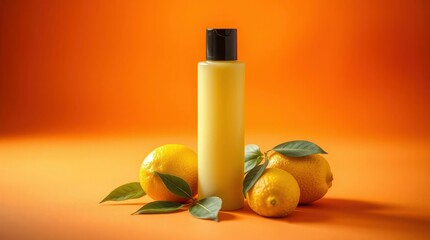 This vibrant still life captures a sleek, unbranded cosmetic bottle, likely containing lotion or shampoo, nestled amongst fresh, ripe lemons and their verdant leaves. The cheerful yellow tones of the 