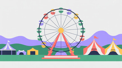 Obraz premium Vibrant carnival scene with colorful ferris wheel and tents against rolling hills and mountains under a bright sky