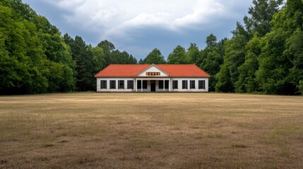 Obraz premium Isolated White Building with Orange Roof in a Field Under a Cloudy Sky