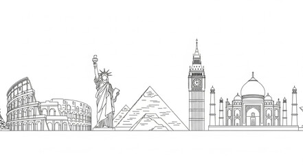 Obraz premium Famous World Landmarks Skyline Sketch Illustration.