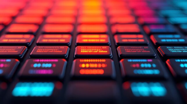 Futuristic Keyboard Close-Up: Red and Blue Illuminated Keys with Data Display, Shallow Depth of Field
