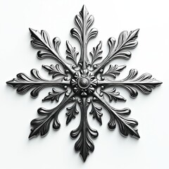 Naklejka premium Decorative ornate silver snowflake ornament with floral leaf patterns. Intricate metal cold winter symbol on white background. Elegant festive ice crystal design.