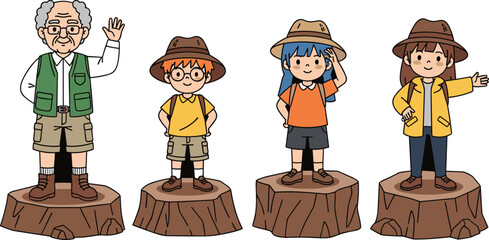 Set of diverse scout and explorer characters, collection of cute children and senior man in safari outfits and hats standing on tree stumps cartoon vector illustration © MdSoleman