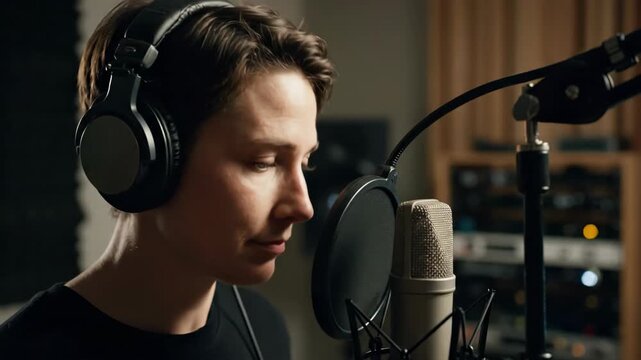 Woman singing into microphone in recording studio setting indoors