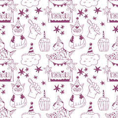 Cute seamless pattern with dinosaur cakes, cool cats in glasses, smiling clouds. Purple line hand drawn minimalist vector background on white for boys birthday dino party, wrapping paper, invitation