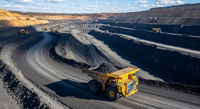 Large mining trucks working in open pit coal mine on a sunny day