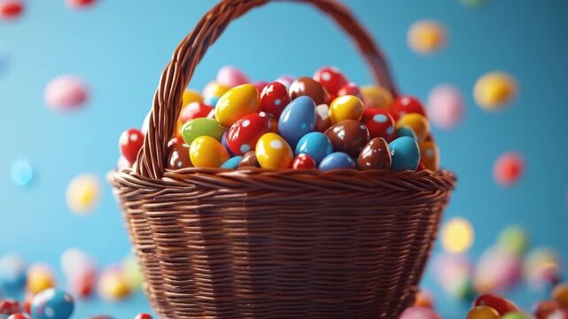 Colorful basket of assorted candy eggs against light blue background. Easter, Pascha, Paskha, Ostern, Pascua, Paques - Orthodox and Catholic Holiday celebration