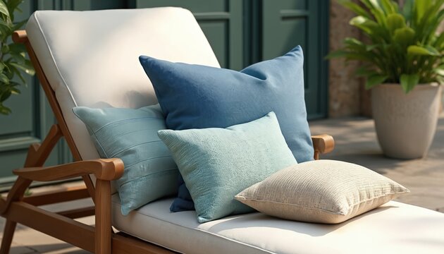 Lounge chair with white cushion has blue and aqua pillows with textured fabrics. Outdoor furniture set includes potted plant and stone wall background. Relaxing patio scene.