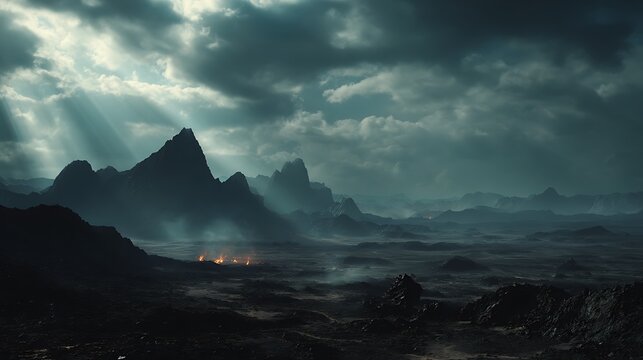 A dramatic landscape of a mountain range with a dark and moody atmosphere and a small fire burning in the distance.