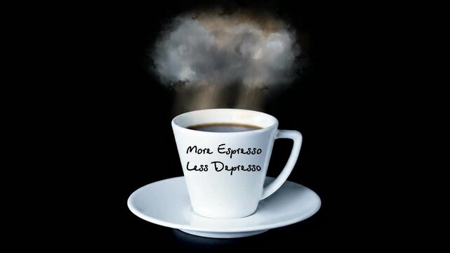 More Espresso Less Depresso Coffee Cup With Steam Cloud Sun Rays And Inspirational Greeting