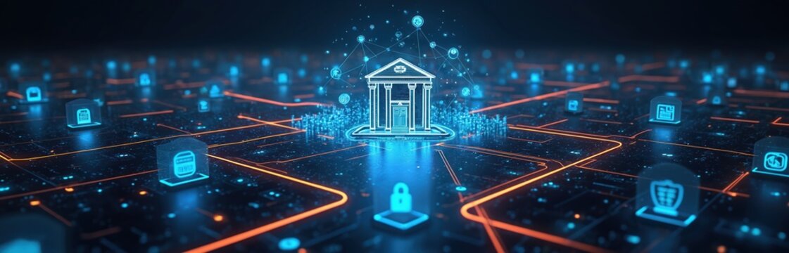 Digital bank building connected to network nodes. Icons show secure transactions data transfer. Finance technology links users clients and merchants globally.