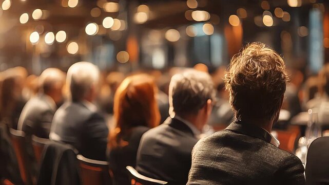 A blurred view of an audience at a conference or event, creating a sense of anticipation and shared experience, ideal for promoting gatherings and dis
