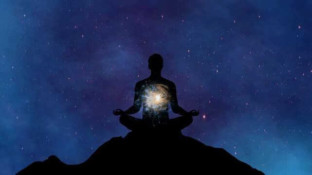 Meditation Silhouette with Radiant Inner Light  Spiritual Energy and Cosmic Connection on Hilltop