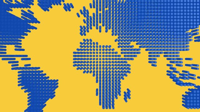Abstract World Map Made of Blue Dots on Yellow Background, Global Connection Concept