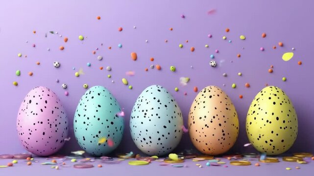 Colorful speckled easter eggs on purple background with candy and coins. Easter, Pascha, Paskha, Ostern, Pascua, Paques - Orthodox and Catholic Holiday celebration