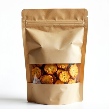 Kraft pouch with resealable zip shows crispy tofu chips seasoned with seaweed flakes. Vegan snack packed for freshness. Healthy food product isolated on white.