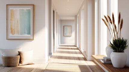 A bright, modern hallway with wooden floors, minimalist decor, large windows, framed artwork, cushions, basket, and indoor plants creating a cozy, airy atmosphere.