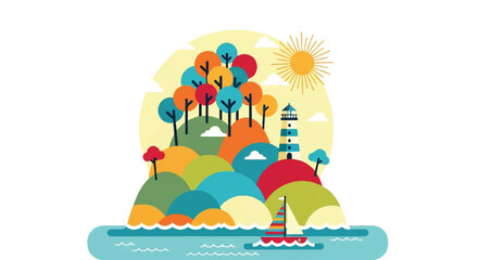 Fototapeta premium Colorful illustration of an island landscape with sailboat and lighthouse