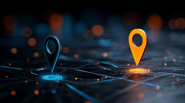 A digital map with two glowing location markers indicating directions and navigation in a futuristic technology environment.