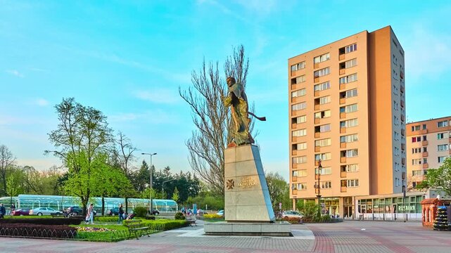 WARSAW, POLAND - APRIL 15 2018: Statue of Father Ignacy Skorupka near St. Florian's Cathedral. Veteran Square 1863 in eastern Warsaw, Poland.
