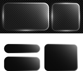 Fototapeta na wymiar Glass box text with light frame and 3d bg for neon liquid effect glow. Icon square ui glitch graphic banner by plastic morphism button or digital oval. Dark blur futuristic vector flare ux.