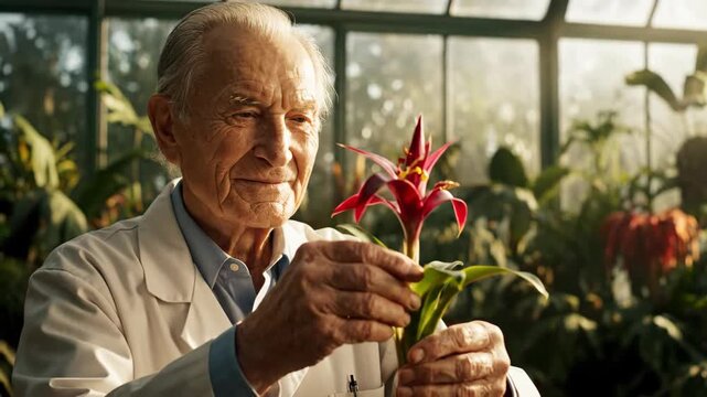 Elderly person examining tropical plant in greenhouse setting.