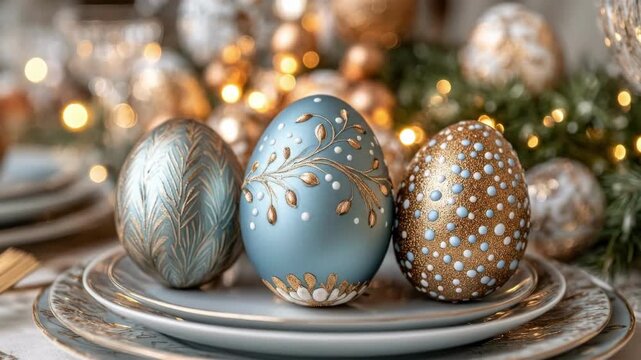 Elegant blue and gold decorated easter eggs on festive dining table setting. Easter, Pascha, Paskha, Ostern, Pascua, Paques - Orthodox and Catholic Holiday celebration