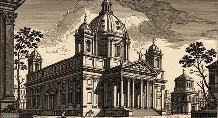 Grand Baroque Cathedral with Domes and Columns. © fusa