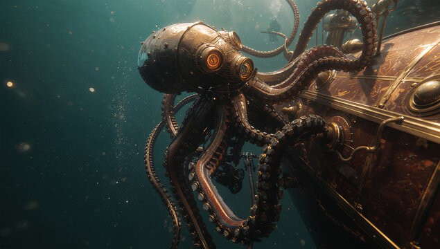 潜水艇の外壁に絡みつくスチームパンク風スケルトンロボットタコの3DCG