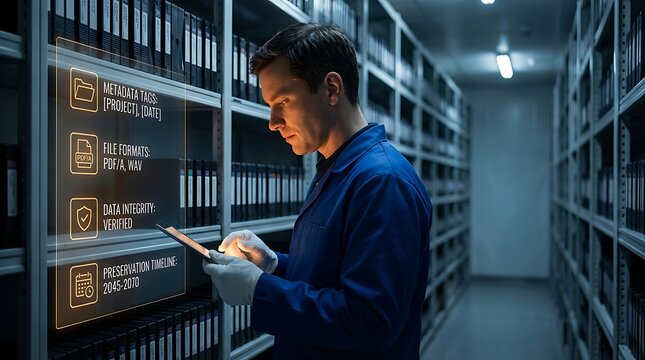 A man in a blue uniform interacts with holographic icons overlay on a futuristic data storage shelf in a secure server room