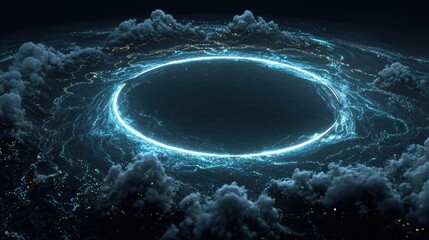 A massive central structure stands stable amid a swirling digital storm, illustrating themes of corporate resilience in an abstract design.