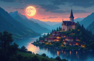 Naklejka premium Old castle stands on hill above lake at twilight. Full moon shines brightly over misty mountains. Small village lights glow warm in evening near water.