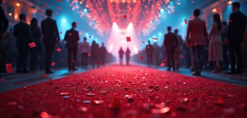Obraz premium Red carpet event with falling maroon confetti. People attend glamorous indoor party. Celebrants experience excitement and luxury in festive atmosphere. Lights shine on happy crowd enjoying night.