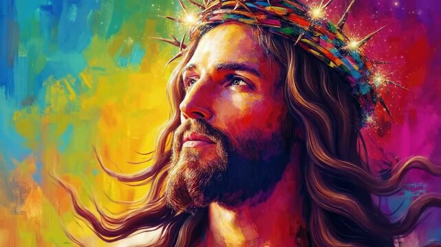 Vibrant impressionist portrait of young caucasian man in multicolored background. Easter, Pascha, Paskha, Ostern, Pascua, Paques - Orthodox and Catholic Holiday celebration