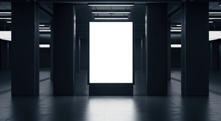 Fototapeta premium Blank vertical glowing billboard mockup in dark empty underground subway station. Perfect template for OOH advertising, urban marketing, movie poster and commercial display presentation