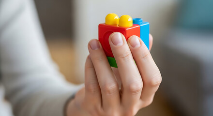 Naklejka premium Child hand holding colorful building blocks for learning and creativity playtime