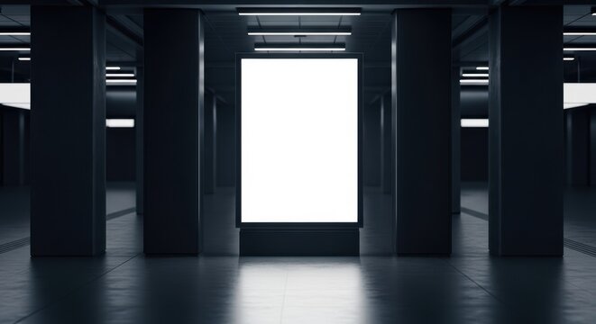 Blank vertical glowing billboard mockup in dark empty underground subway station. Perfect template for OOH advertising, urban marketing, movie poster and commercial display presentation