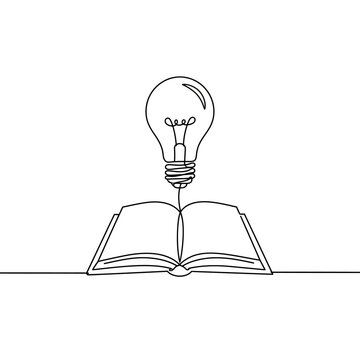 Open book with lightbulb above representing knowledge and ideas.