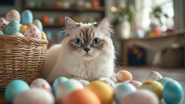 Fluffy cat with blue eyes surrounded by colorful easter eggs in cozy room. Easter, Pascha, Paskha, Ostern, Pascua, Paques - Orthodox and Catholic Holiday celebration