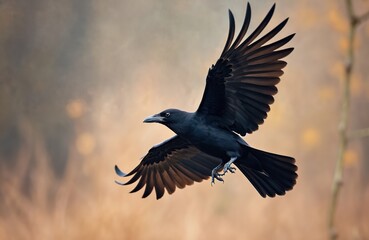 Fototapeta premium Black raven bird flies with wings spread wide. Wildlife animal in air with blurred background of nature. Corvus corax has dark feathers, sharp beak, detailed claws.