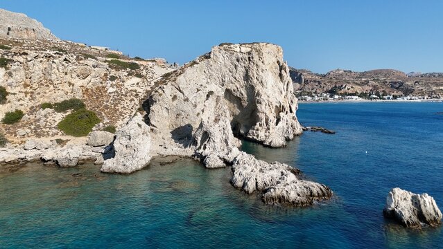 Aerial view of Navarone Rock near Lindos on Rhodes island Greece