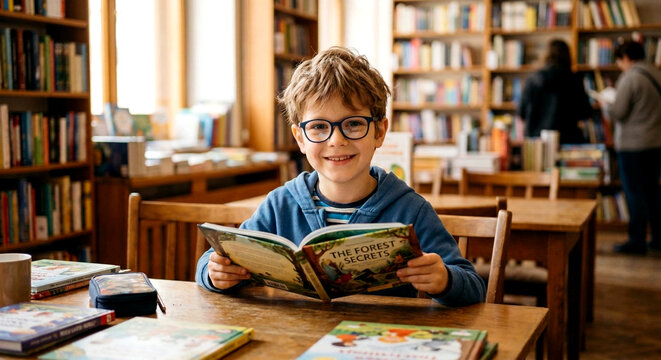 Happy little boy with glasses reading a book in a library. Smiling child enjoying a story at a wooden table surrounded by bookshelves. Concept of education, learning, and childhood curiosity