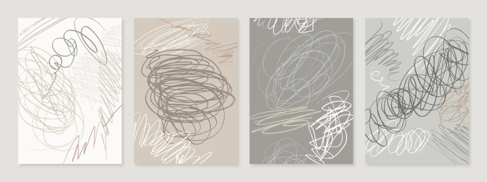 Pastel poster set of pen and pencil scratches, scribble doodle lines and texture messy strokes. Vector dynamic backgrounds