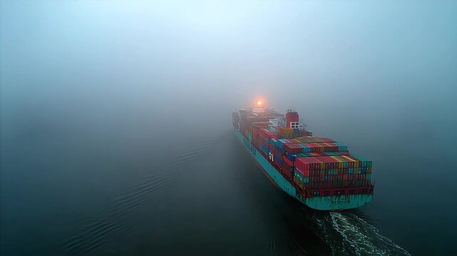 A large container ship navigates through heavy fog, emitting a bright light. Evokes feelings of mystery, perseverance, and the challenges of uncertain
