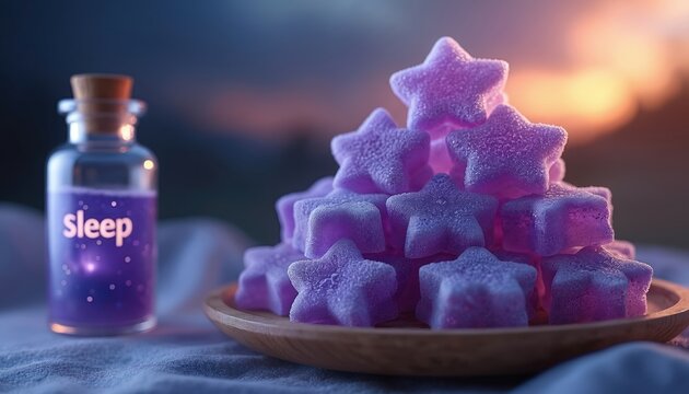 Purple star shaped gummies for sleep aid are stacked on wooden plate. Bottle with sleep aid liquid and cork stopper is near. Evening twilight sets calm mood.