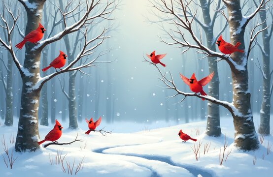 Bright red cardinals perch on snow covered tree branches in a winter forest scene. Birds are gathered in a peaceful woodland setting with soft light and falling snow.