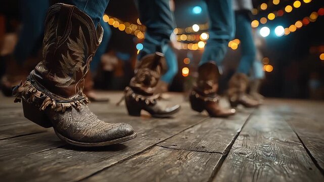 A lively scene of cowboy boots dancing under twinkling lights, portraying joyful celebration and rustic charm, suitable for events or lifestyle market