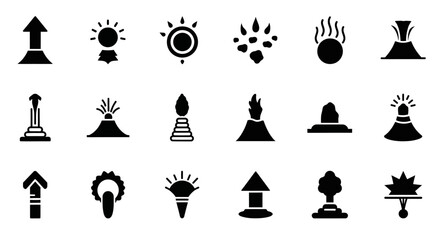 Collection of simple black icons representing various concepts and objects on a white background, viewed directly from the front